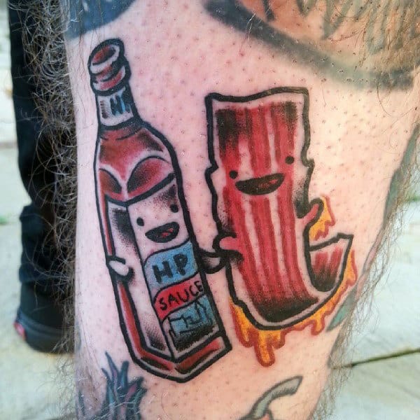 Male Calves Hip Sauce And Bacon Tattoo
