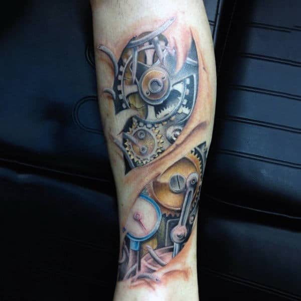 Male Calves Piercing Through Skin Steampunk Tattoo