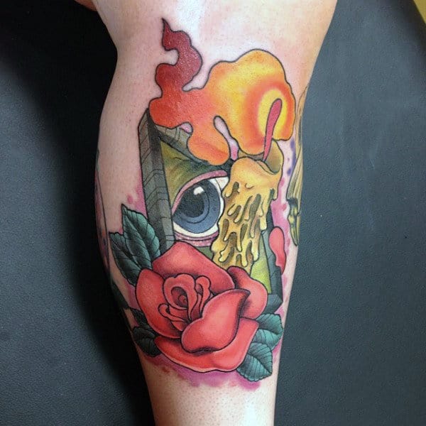 Male Calves Rose And Candle New School Tattoo