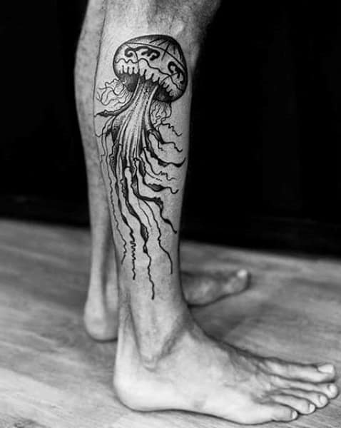 Male Calves Sombre Jellyfish Tattoo