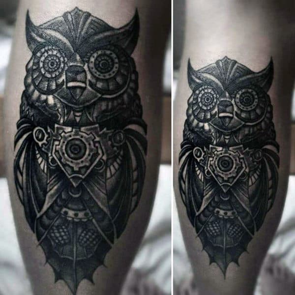 Male Calves Steampunk Owl Tattoo