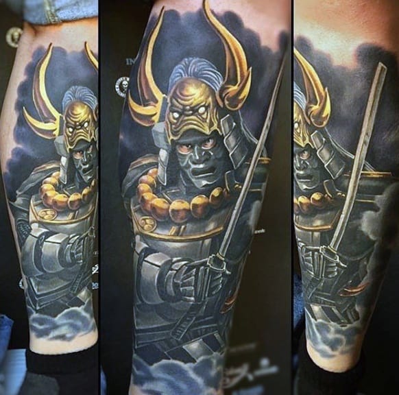 Male Calves Warrior With Golden Horned Helmet Tattoo