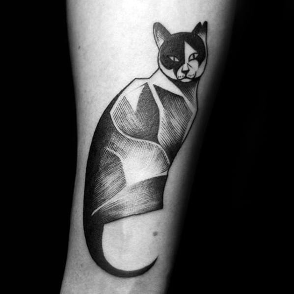 Modern geometric cat tattoo with bold black shading and fine-line details, creating a sleek and artistic design.