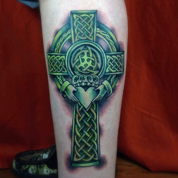Male Celtic Cross Claddagh Tattoo With Green Ink