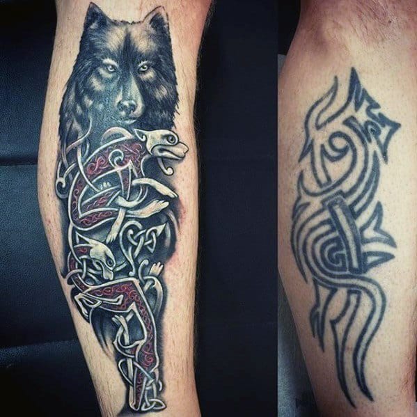 Celtic wolf leg tattoo featuring a realistic black wolf above detailed knotwork with red accents and intertwined animal forms.