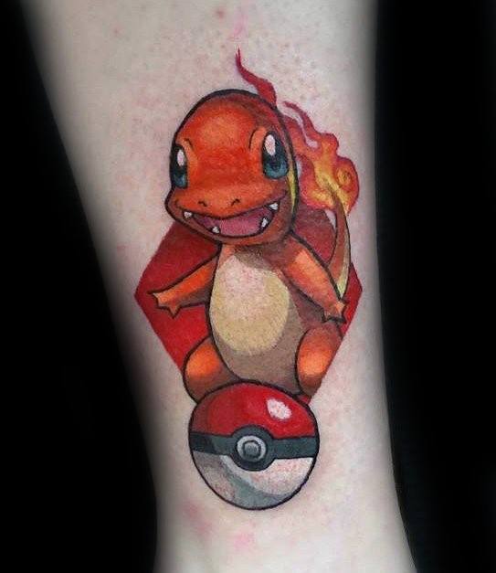 Realistic-style Charmander tattoo with soft shading, sitting on a Poké Ball over a red hexagon background and flame flickering behind.