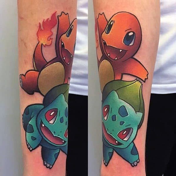 Bold forearm tattoo of Bulbasaur and Charmander in dynamic, layered poses with rich colors and clean, thick outlines.