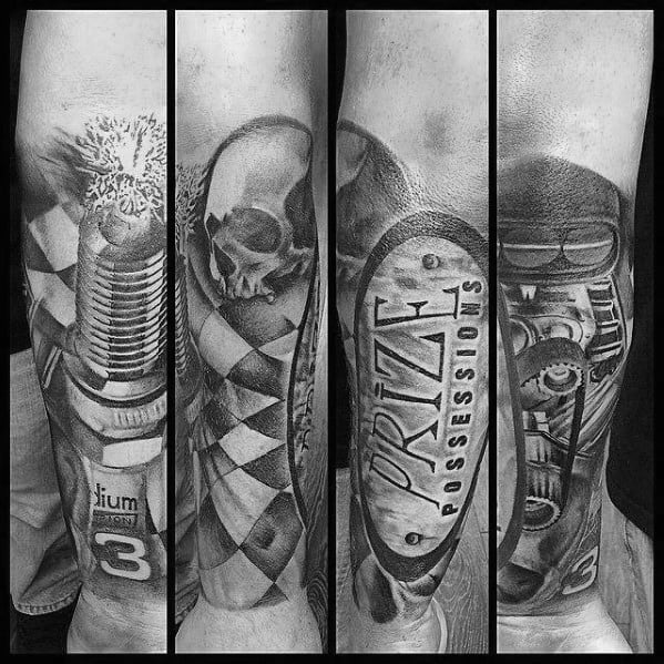 Intricate racing-themed tattoo sleeve featuring a spark plug, checkered flag, skull, and mechanical elements, symbolizing speed, power, and passion.