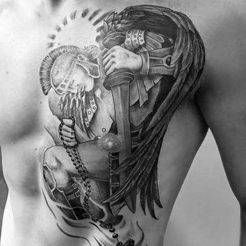 Male Chest Aztec Warrior In Curtsey Tattoo