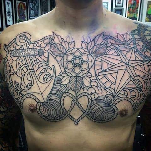 Male Chest Anchor Rope And Flowers Tattoo