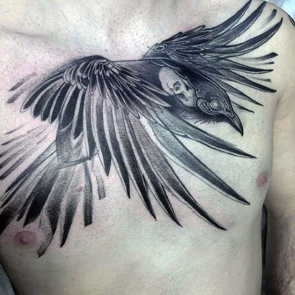 Male Chest Black And Grey Angry Raven Tattoo