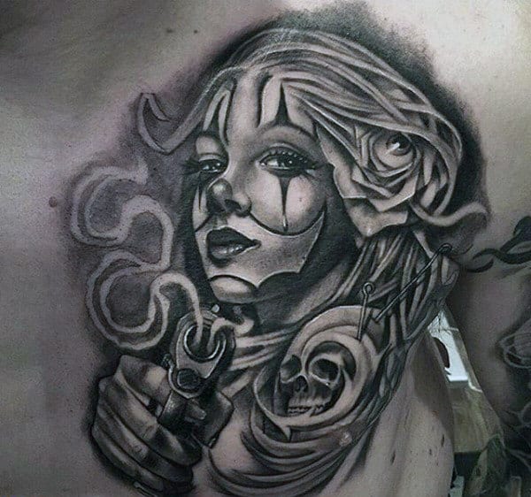 Male Chest Black And Grey Lady With Eyeball In Hair And Skull Tattoo