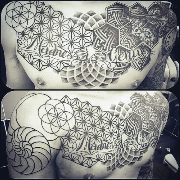 Male Chest Black Honeycomb And Spiral Sketch Tattoo