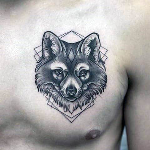 Male Chest Blackwork Fox Head Tattoo