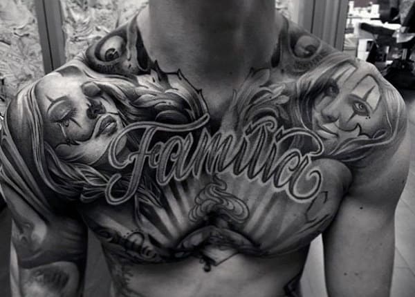 Male Chest Fantastic Black Shaded Family Tattoo