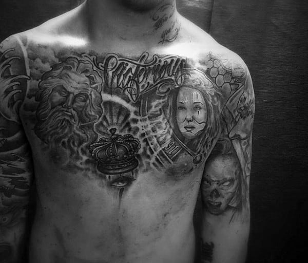 Male Chest Impressive Black And White Crown Tattoo