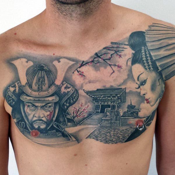 Male Chest Interesting Grey Oriental Romance Tattoo