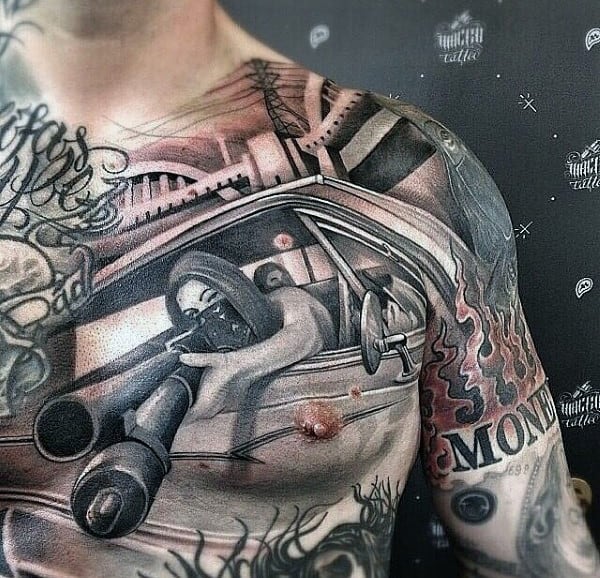 Male Chest Lady With Rifle Tattoo