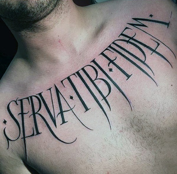 Male Chest Long Celtic Lettering Tattoo