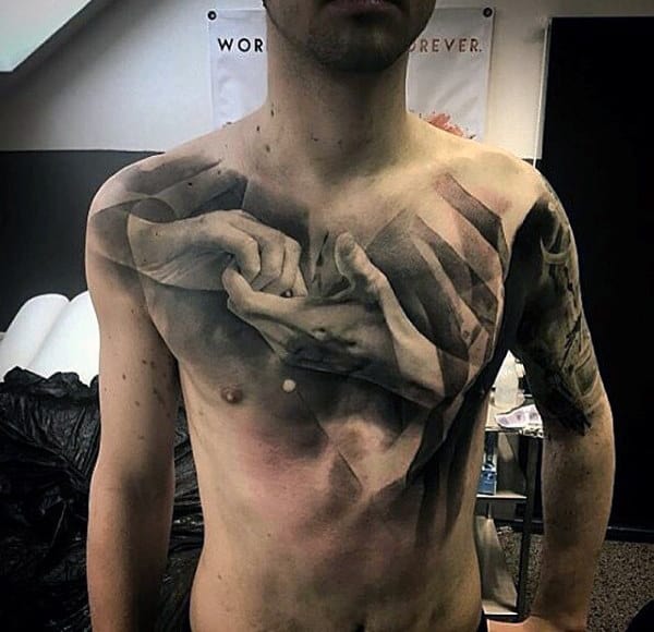 Male Chest Realistic Hands Black And White Tattoo