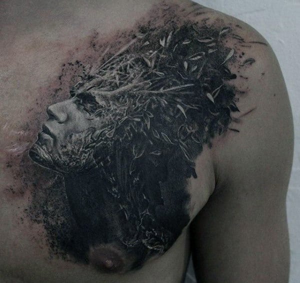 Male Chest Sick Tattoo Of Mans Splattering Brain
