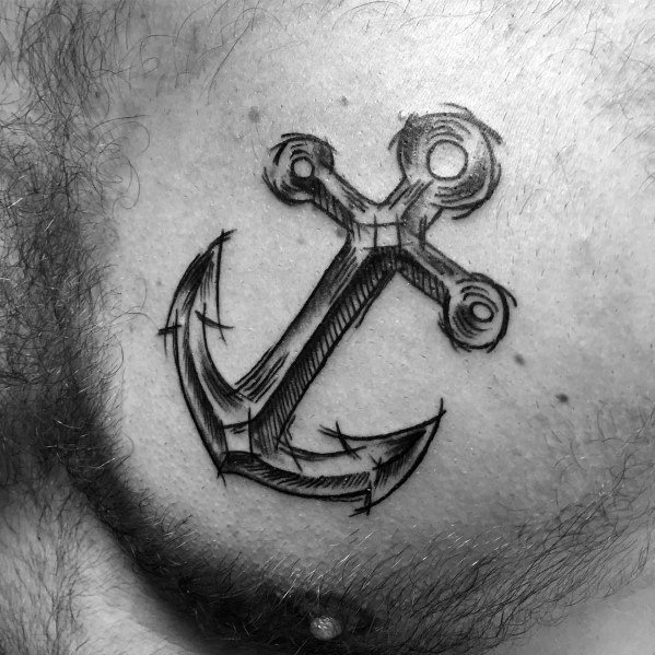 Sketch-style anchor tattoo on the chest with bold black lines and rough shading, creating a hand-drawn effect that symbolizes strength and stability.