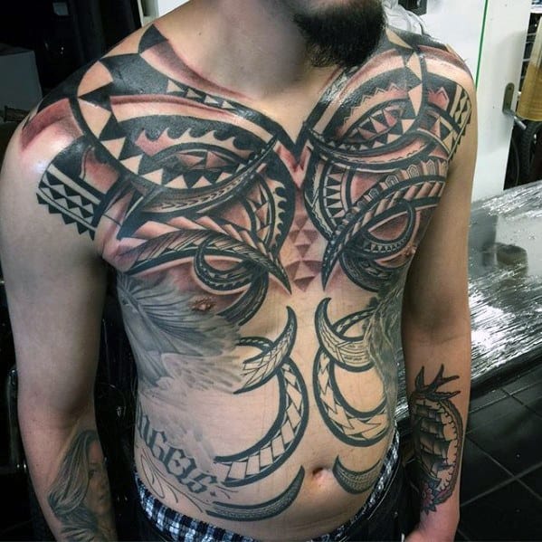 Male Chest Tattoo With Badass Tribal Design