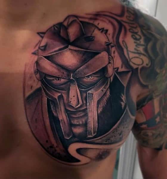 Male Chest Viking With Helmet Black And Grey Tattoo