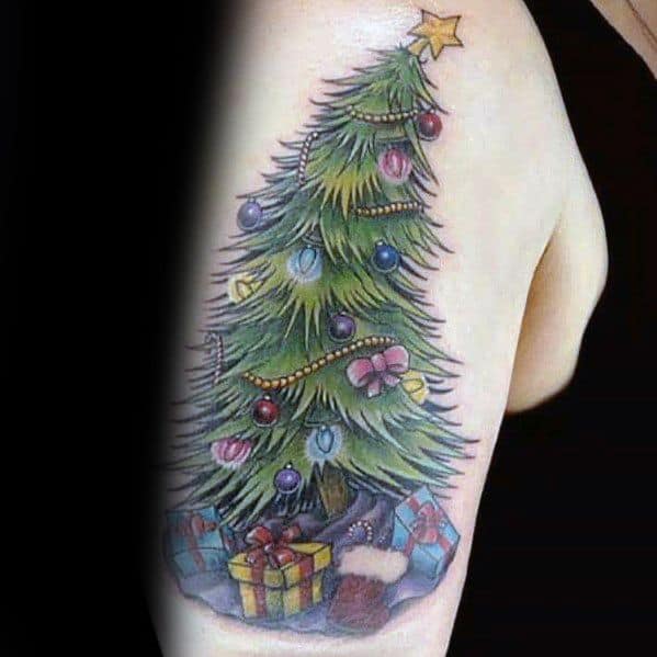 Realistic Christmas tree tattoo with colorful ornaments, twinkling lights, a golden star on top, and wrapped gifts underneath for a festive look.