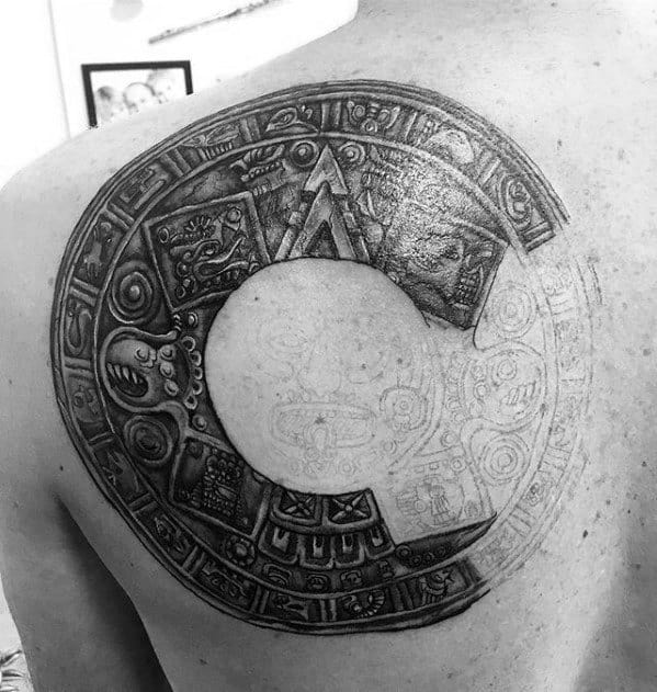Male Circle Upper Back Mayan Calender Tattoo Ideas