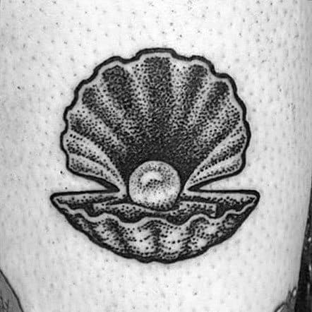 Dotwork clam shell tattoo featuring a pearl in the center, with clean lines and stippled shading for a bold yet minimal look.