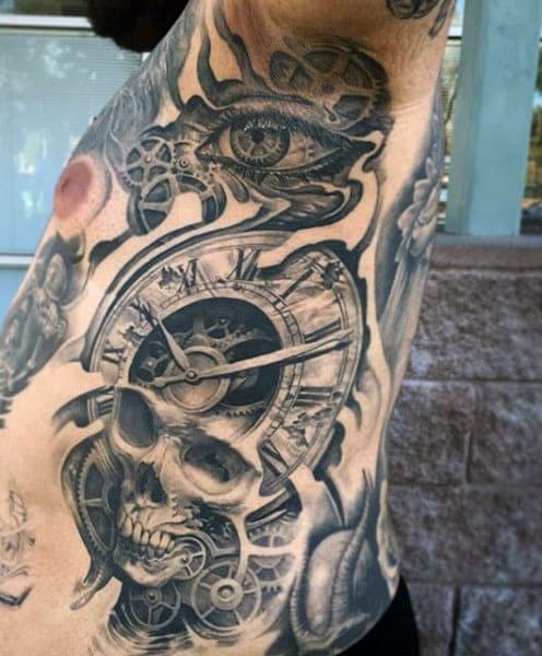 Rib Cage Side Male Clock Tattoo Sleeve