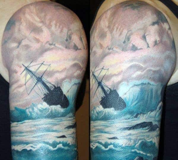 Male Cloud Arm Tattoos Of Ship Against Ocean Wave