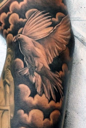Male Cloud Shading Tattoo With Dove In Black Ink