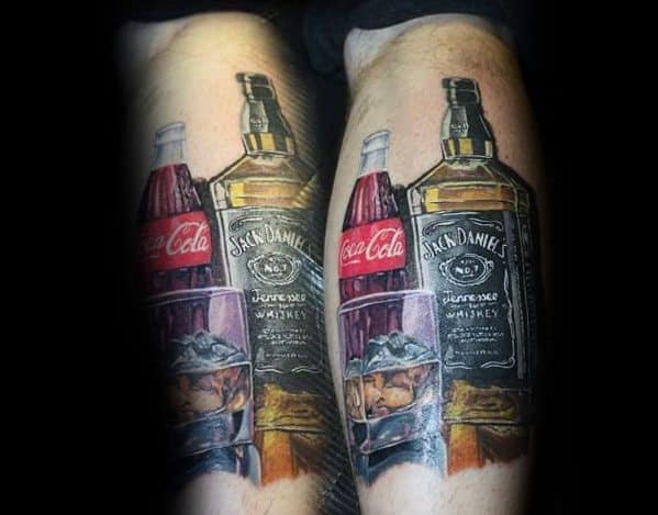 Hyper-realistic Coca-Cola and Jack Daniel's tattoo featuring detailed bottles, ice-filled glasses, and rich shading for a bold and lifelike design.