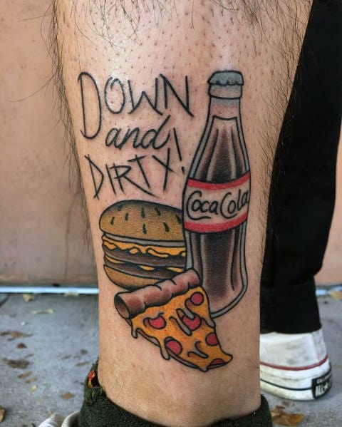 Bold and playful Coca-Cola tattoo featuring a classic bottle, burger, pizza slice, and "Down and Dirty!" text for a fun, vintage-inspired design.