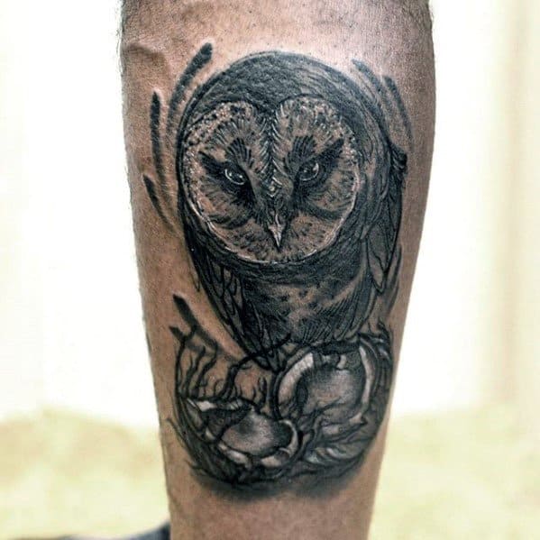 Detailed black and grey tattoo of an owl with intense eyes perched above coconuts, blending realism and sketch-style on the calf.