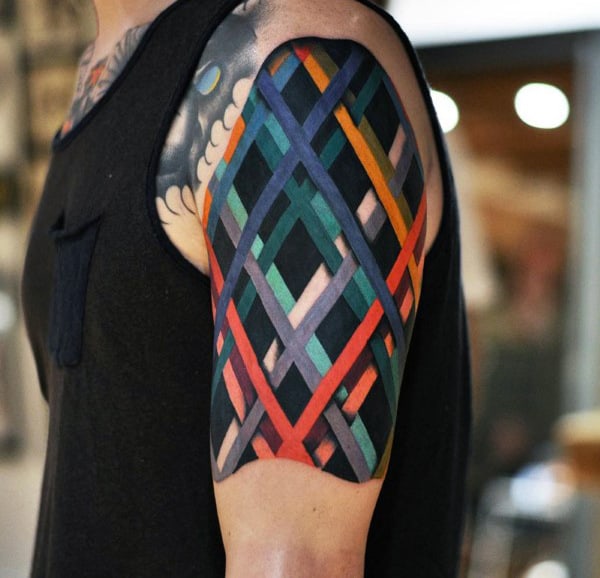 Male Colored Criss Cross Lines Quarter Sleeve Tattoo