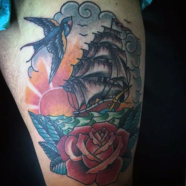Male Colorful Sparrow Ship And Rose Tattoo Arms