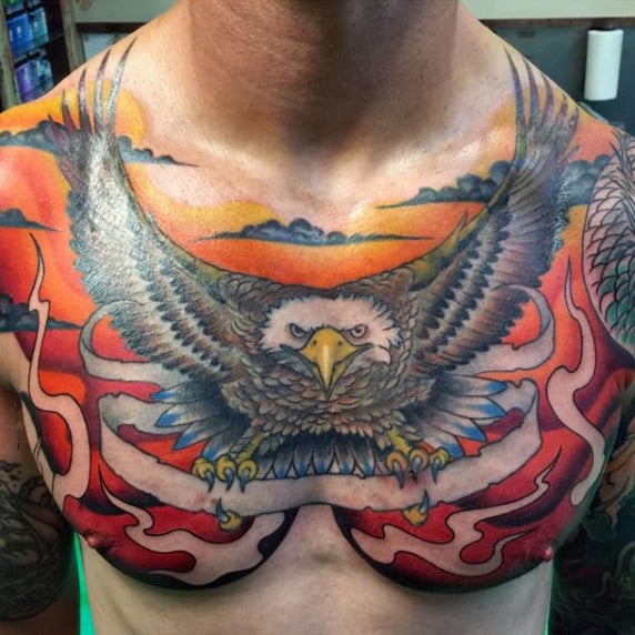 Male Colorful Traditional Style Eagle Sunset Tattoo