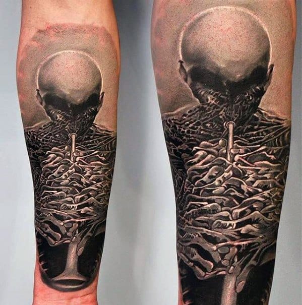 Dark surreal tattoo of a faceless figure with skeletal arms intertwined around a spine-like structure, creating a haunting 3D effect.