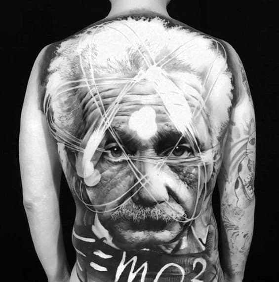 Male Cool Albert Einstein Full Back Negative Space 3d Tattoo Ideas
