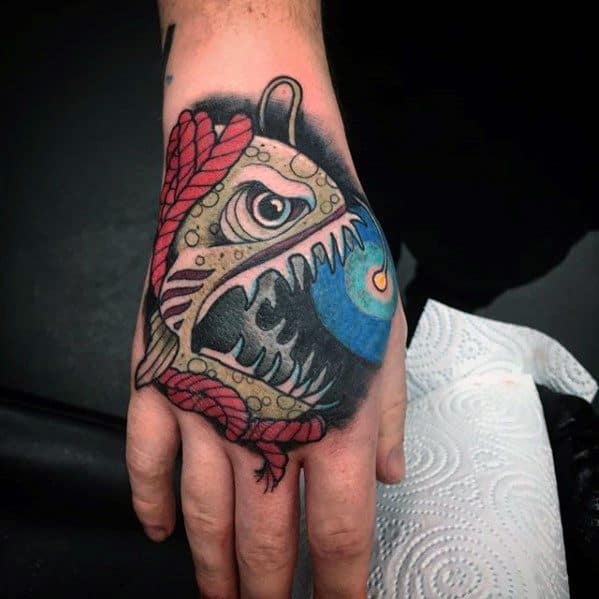 Male Cool Angler Fish Tattoo Ideas On Hand