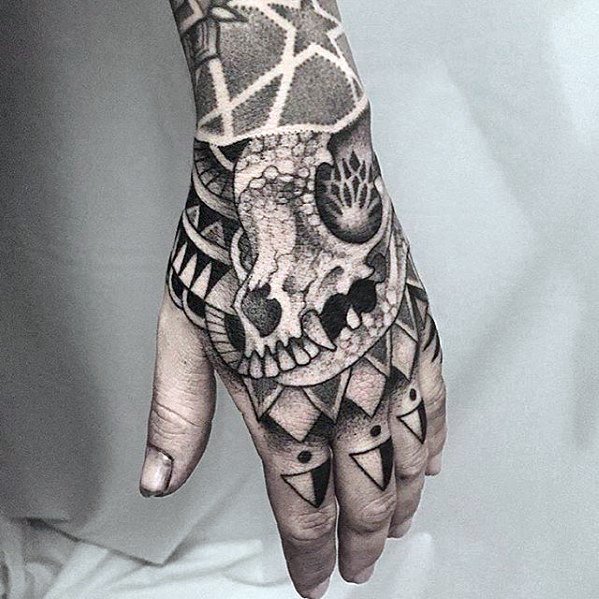 Male Cool Animal Skull Geometric Hand Tattoo Ideas
