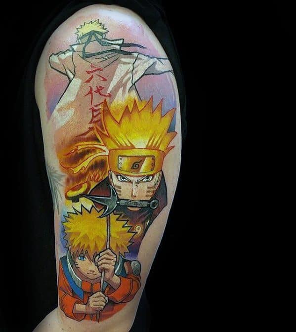 Dynamic Naruto tattoo showcasing different versions of the character, emphasizing his evolution and strength
