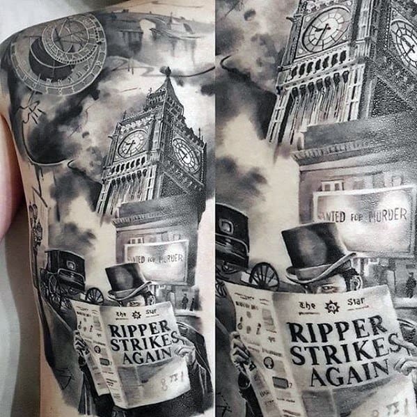 Detailed black and grey tattoo featuring Big Ben, with an old newspaper headline reading "Ripper Strikes Again," and a foggy, Victorian London atmosphere with figures in top hats.