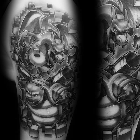 Black and grey tattoo sleeve featuring Charizard and Blastoise with pixelated elements, combining power, depth, and a digital twist.