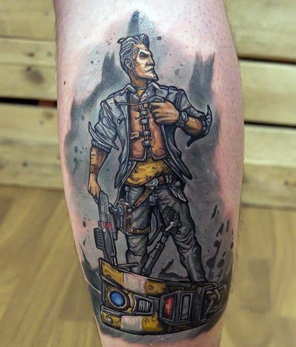 Detailed tattoo of Handsome Jack standing confidently atop Claptrap's head, with a smoky, textured background and gritty Borderlands style.