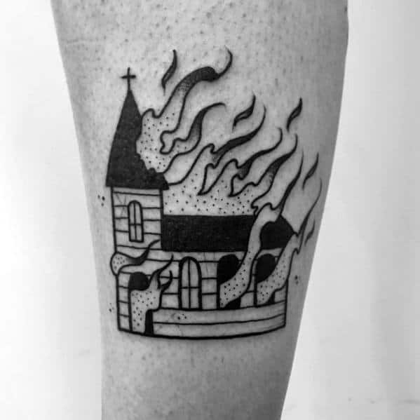 Minimalist burning church tattoo with clean black outlines and dotwork shading. Flames rise from the roof in a simple, bold style.