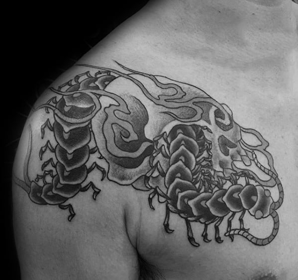 Male Cool Centipede Flaming Skull Upper Chest Tattoo Ideas